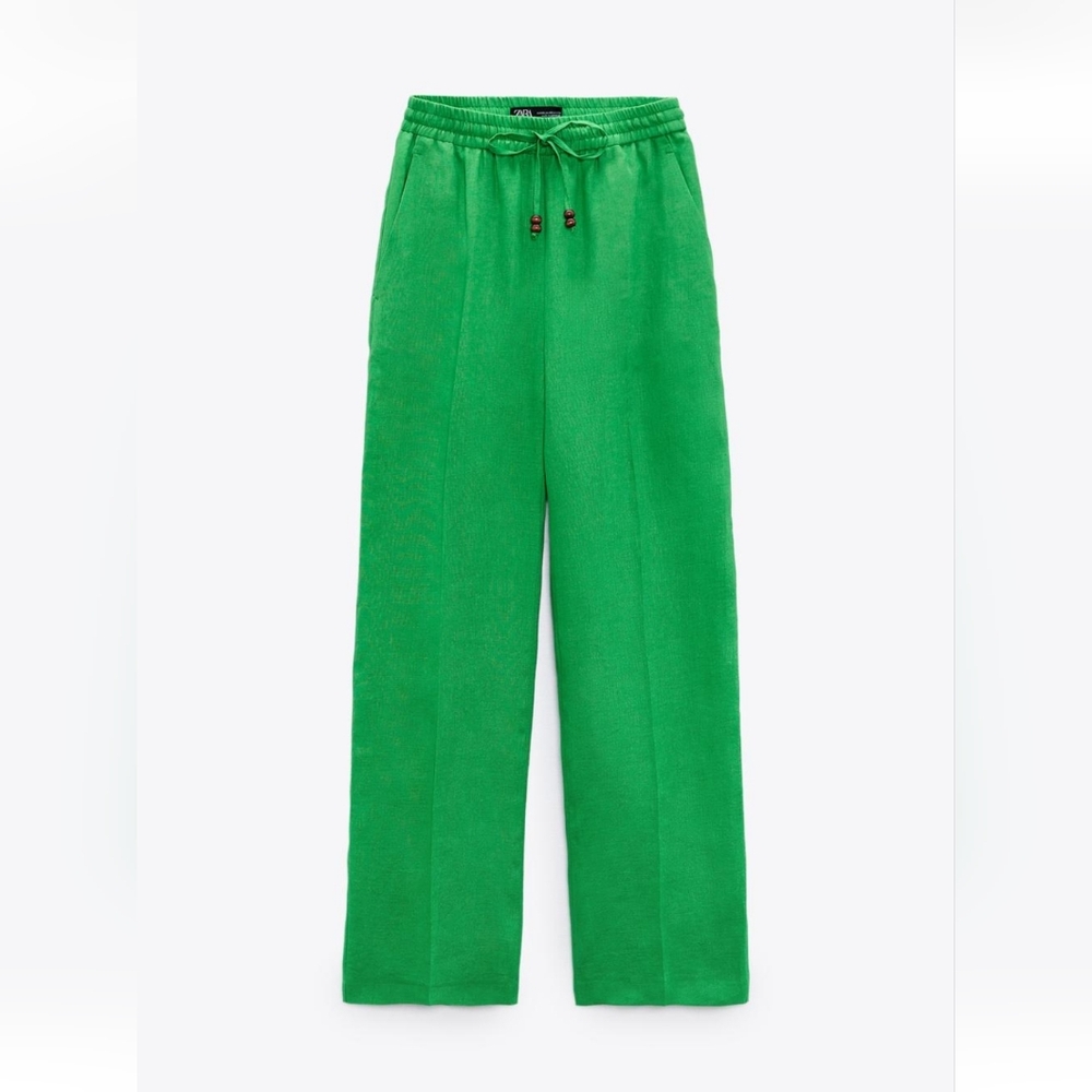 NWT Zara 100% Linen Wide Leg Vibrant Green Drawstring Pants S